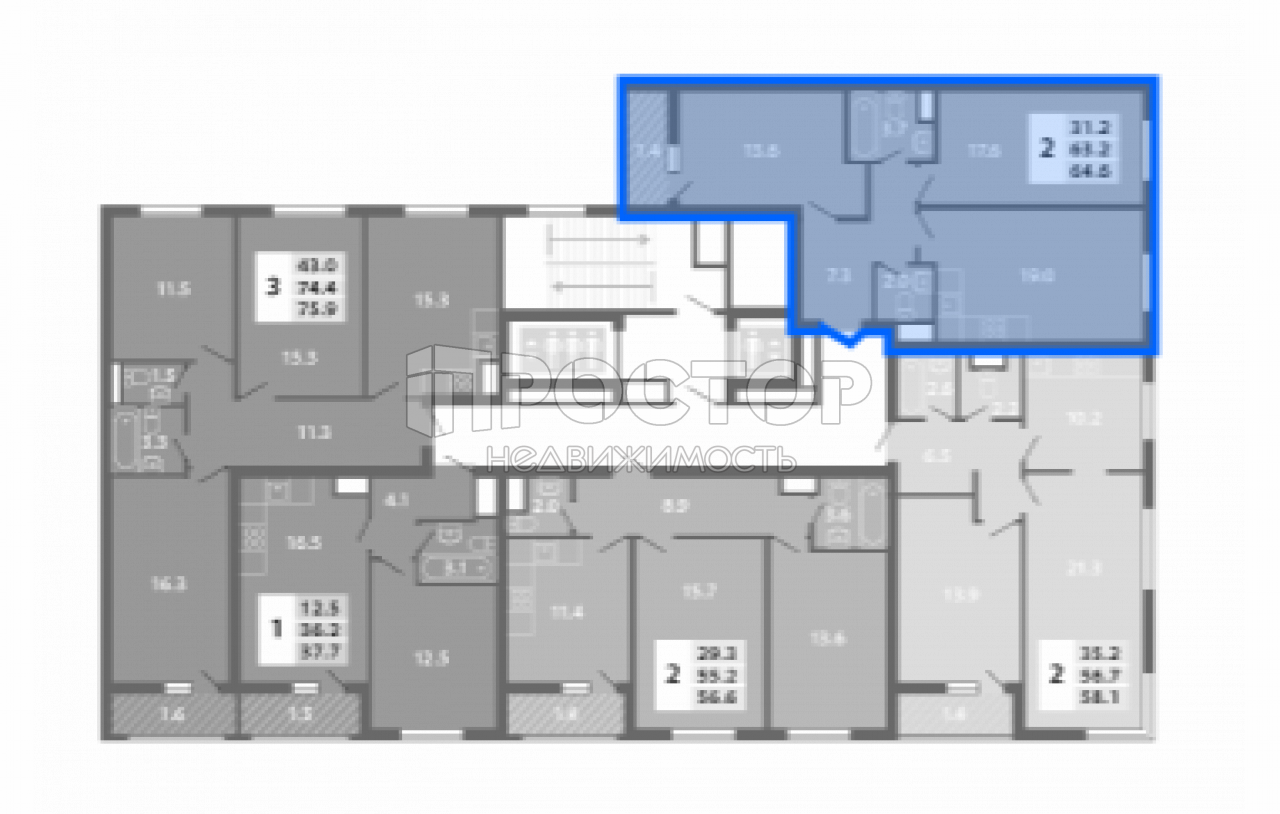 3-комнатная квартира, 64.62 м² - фото 2