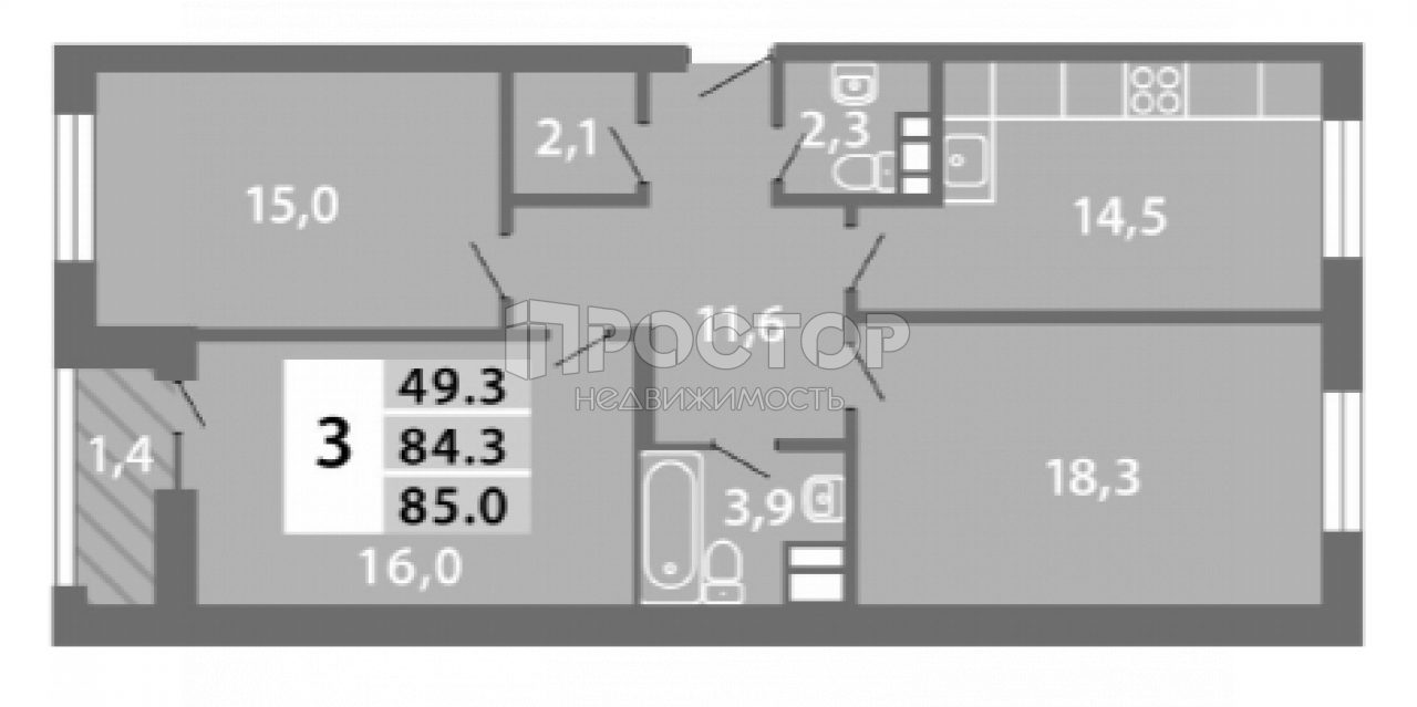 3-комнатная квартира, 84.62 м² - фото 3