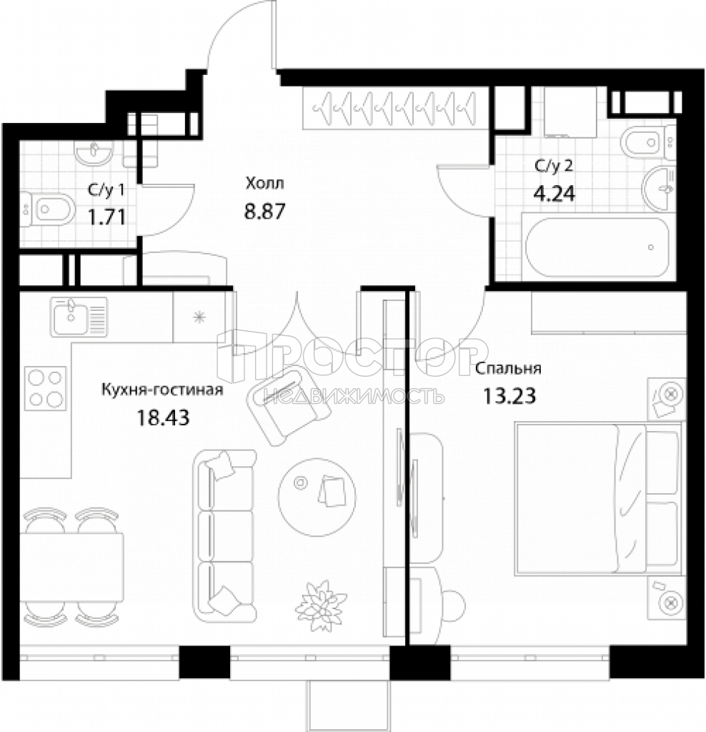 1-комнатная квартира, 46.48 м² - фото 2