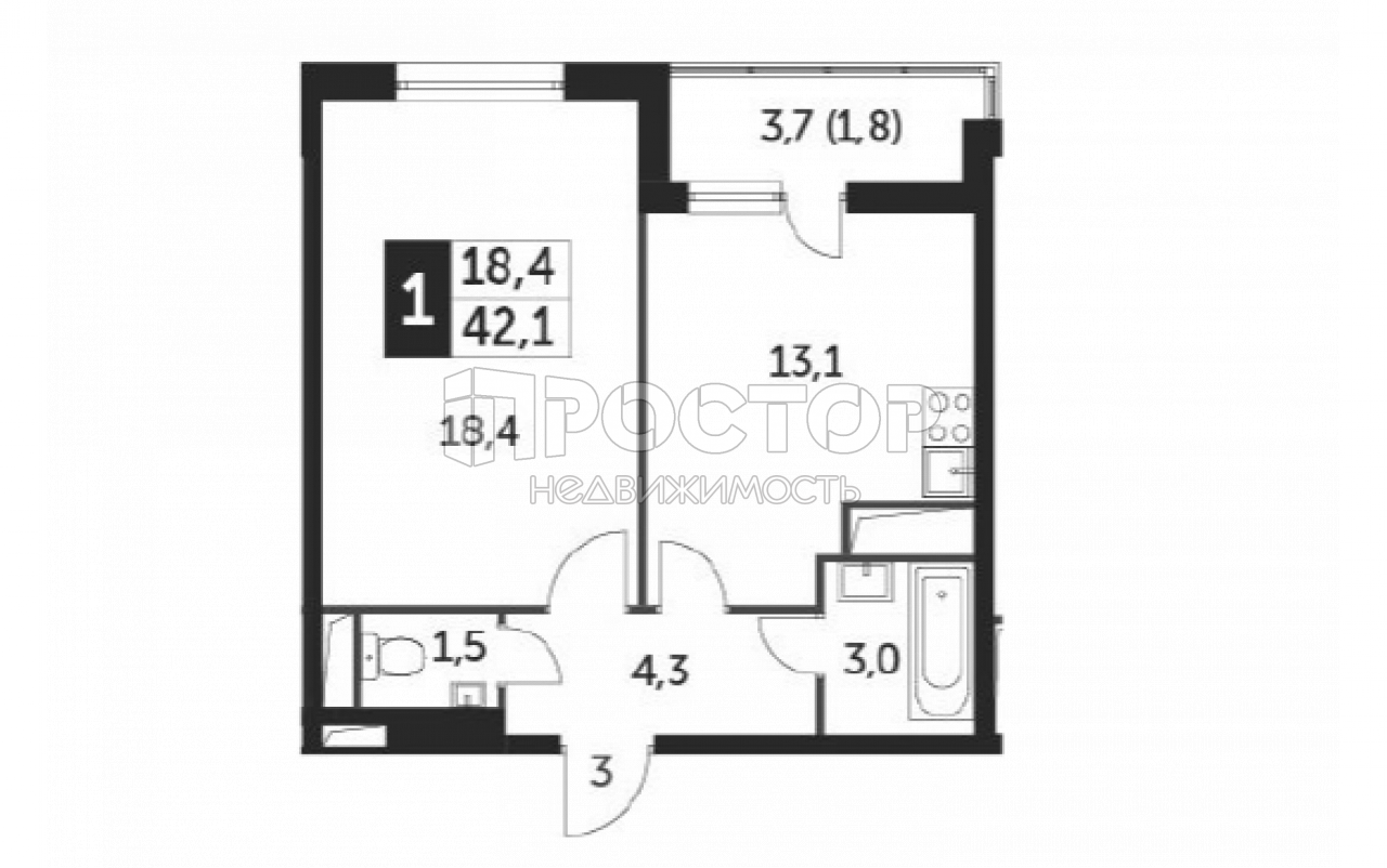 1-комнатная квартира, 41.6 м² - фото 6