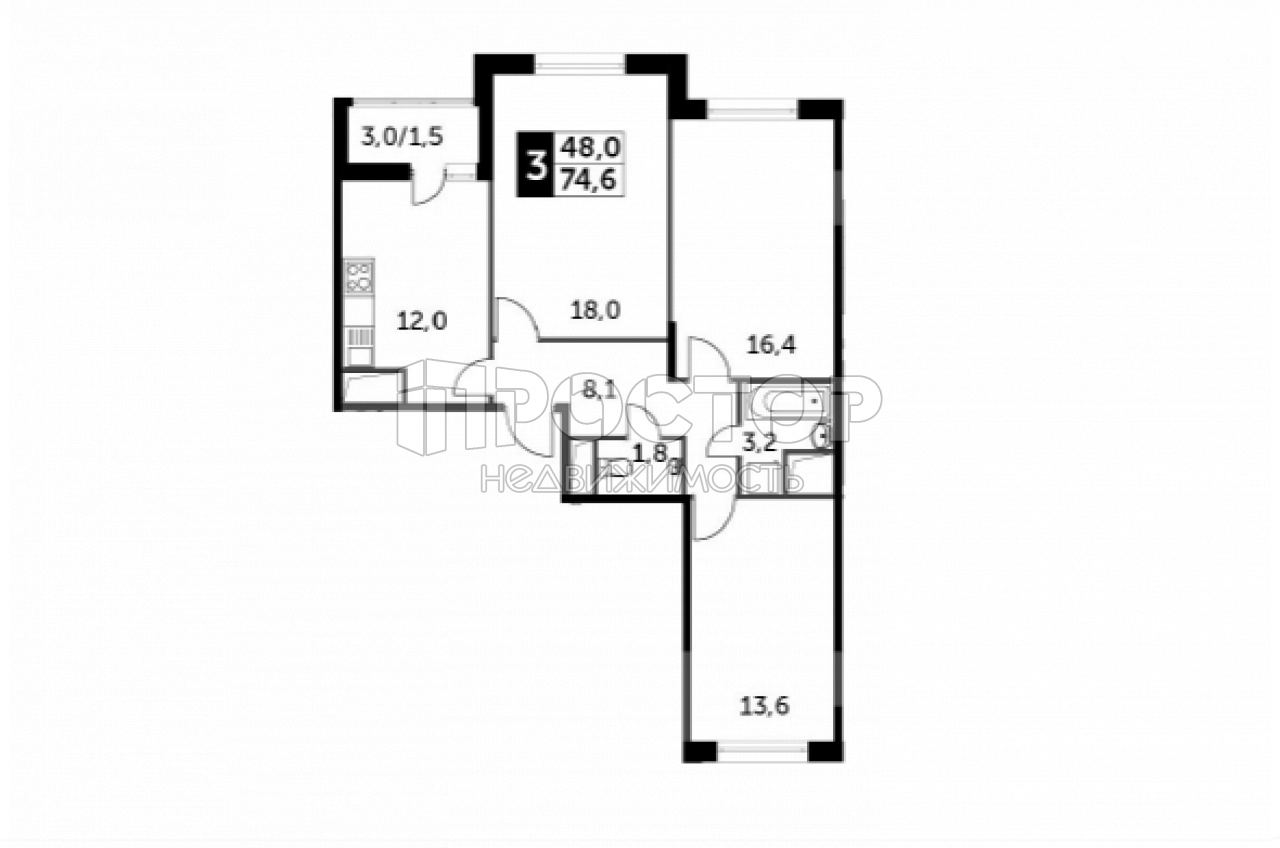 3-комнатная квартира, 74.6 м² - фото 10