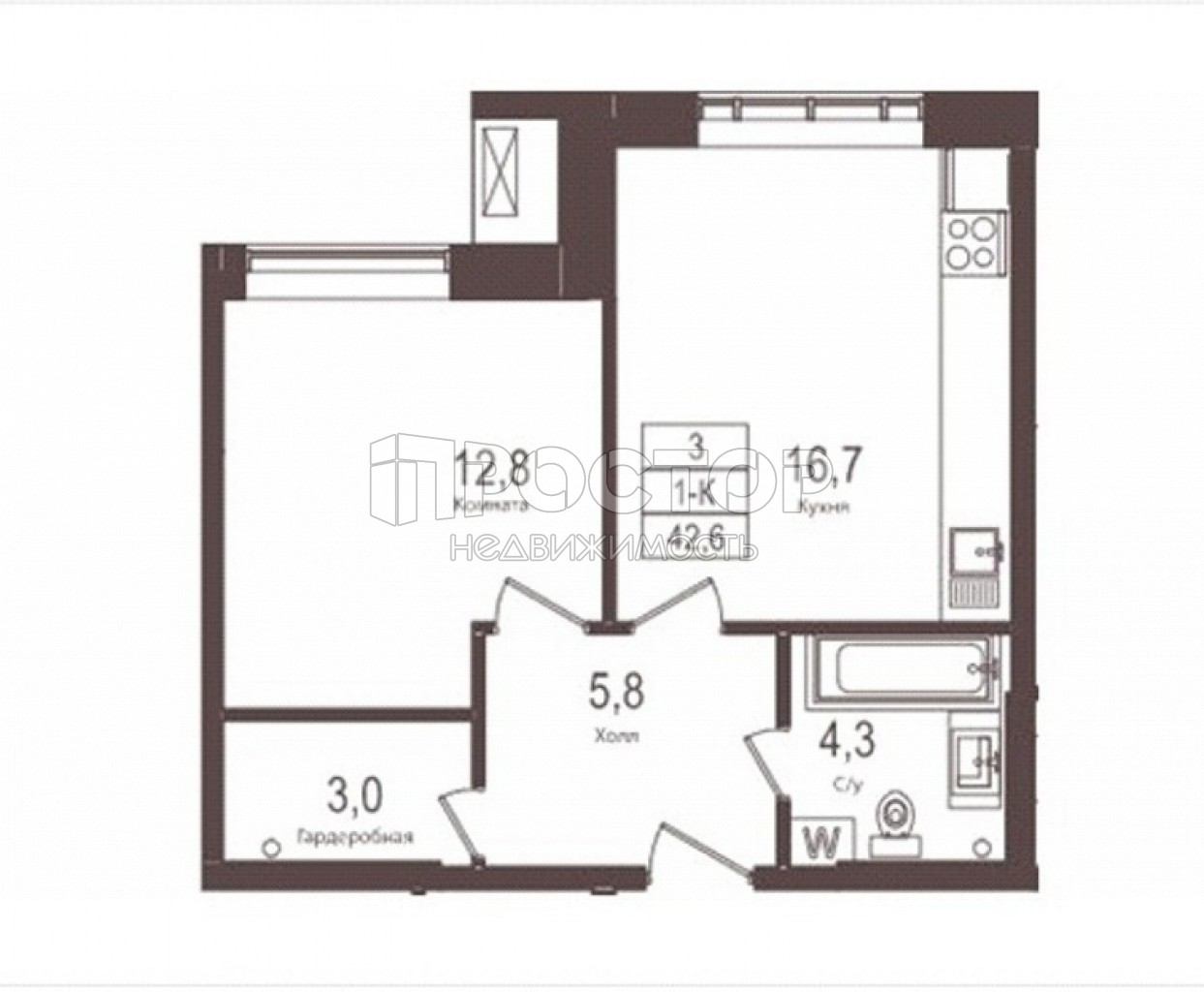 1-комнатная квартира, 42.6 м² - фото 2