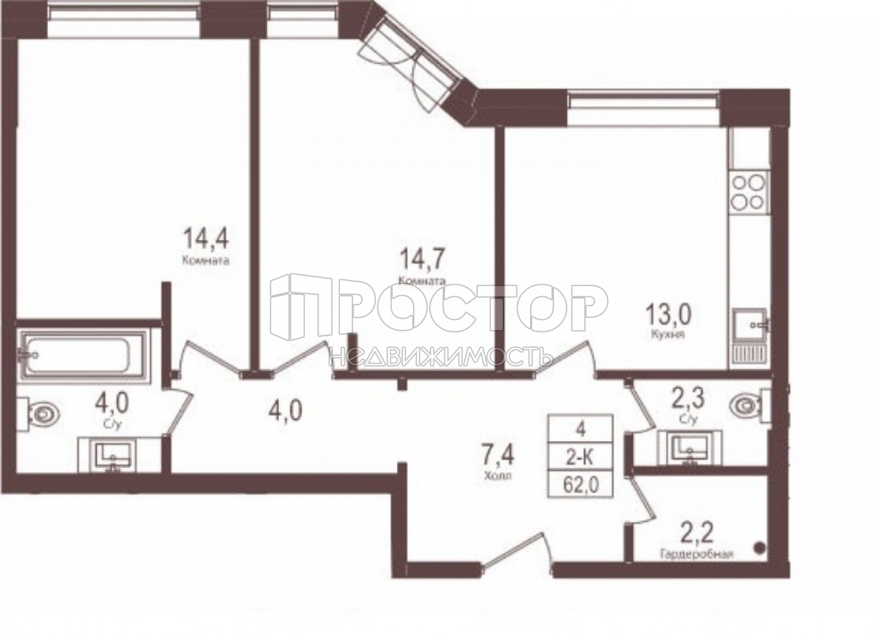 2-комнатная квартира, 62 м² - фото 2