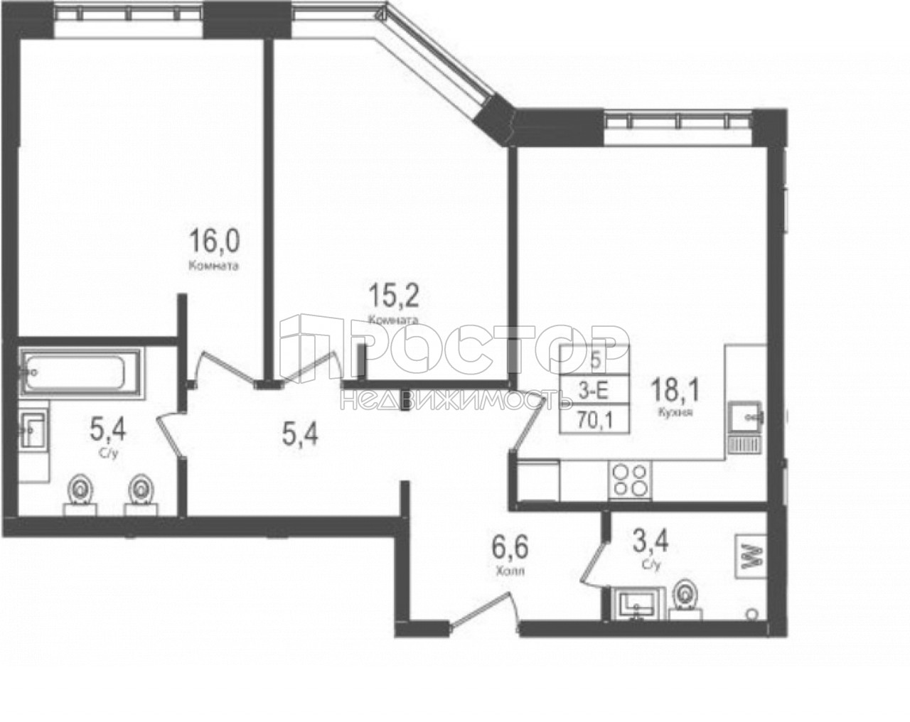 3-комнатная квартира, 70.1 м² - фото 2