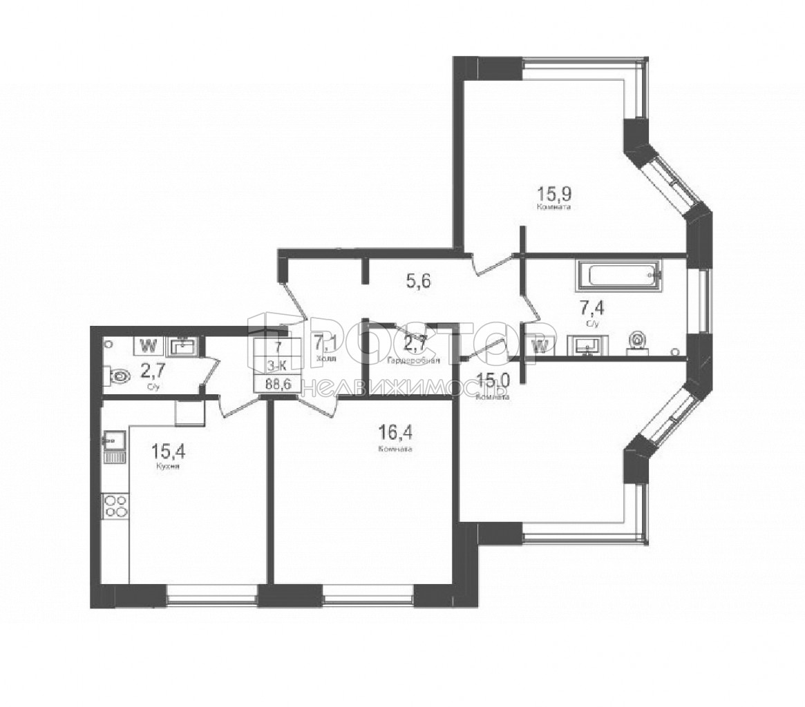 3-комнатная квартира, 88.6 м² - фото 2