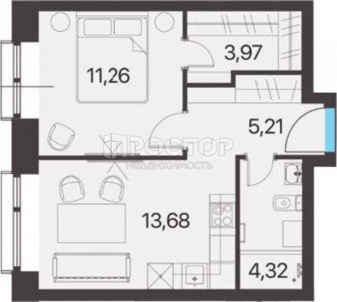 1-комнатная квартира, 38.44 м² - фото 2