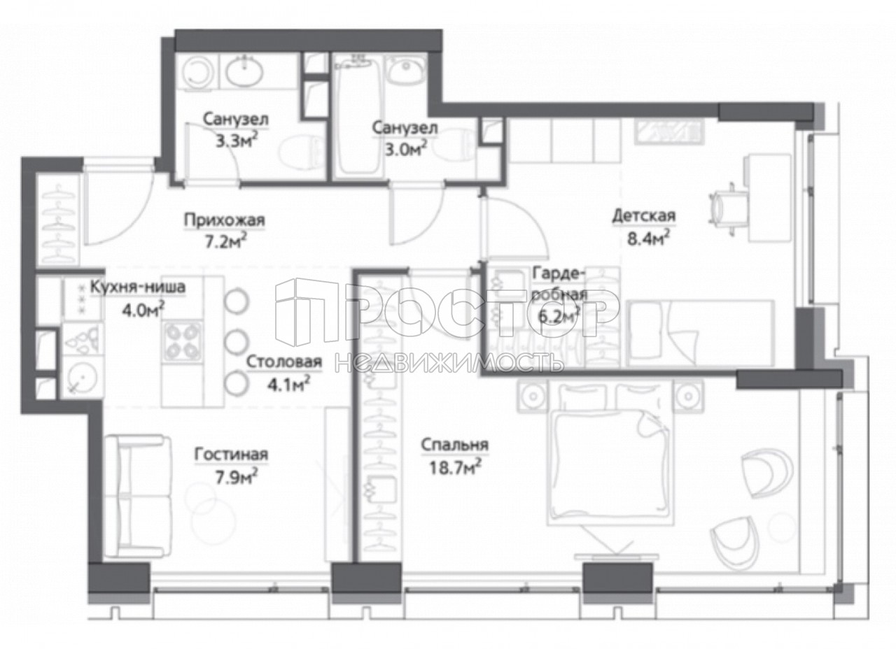 3-комнатная квартира, 62.8 м² - фото 2