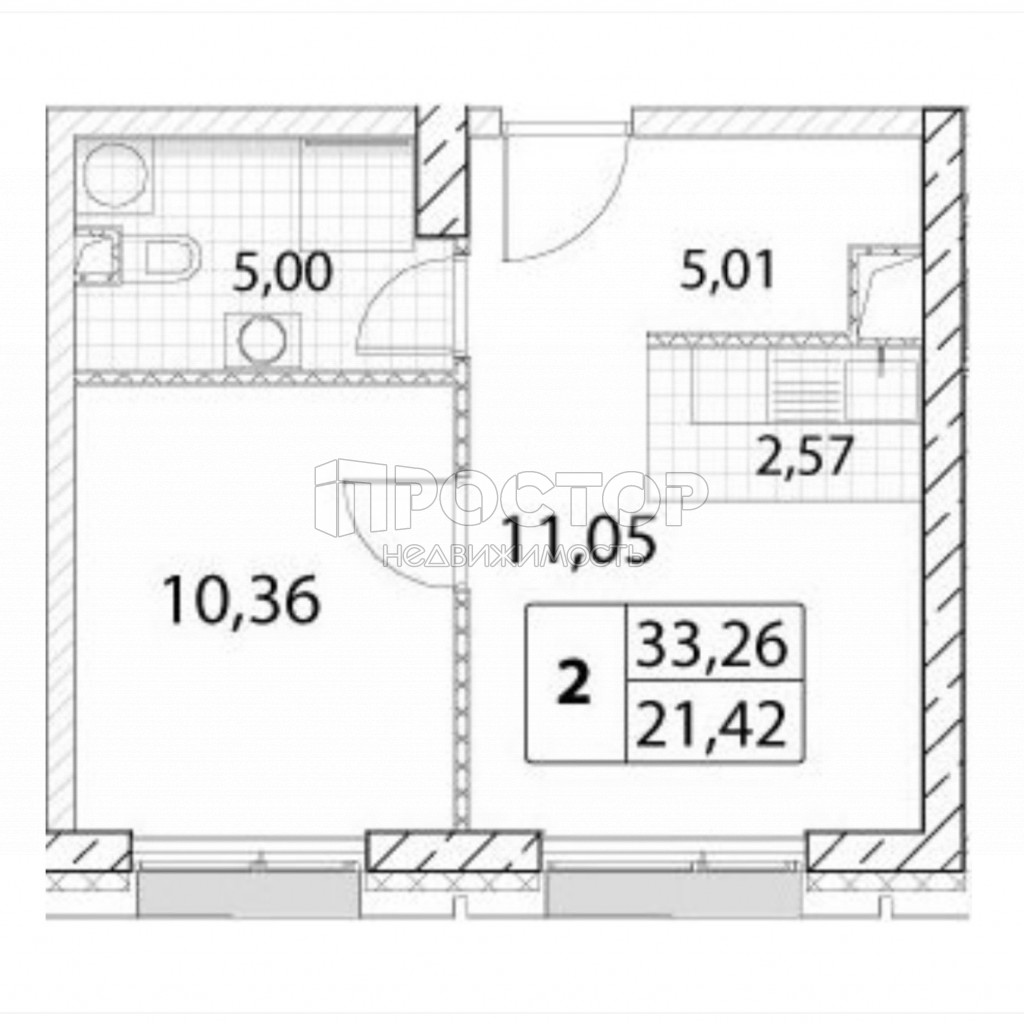 1-комнатная квартира, 33.26 м² - фото 2