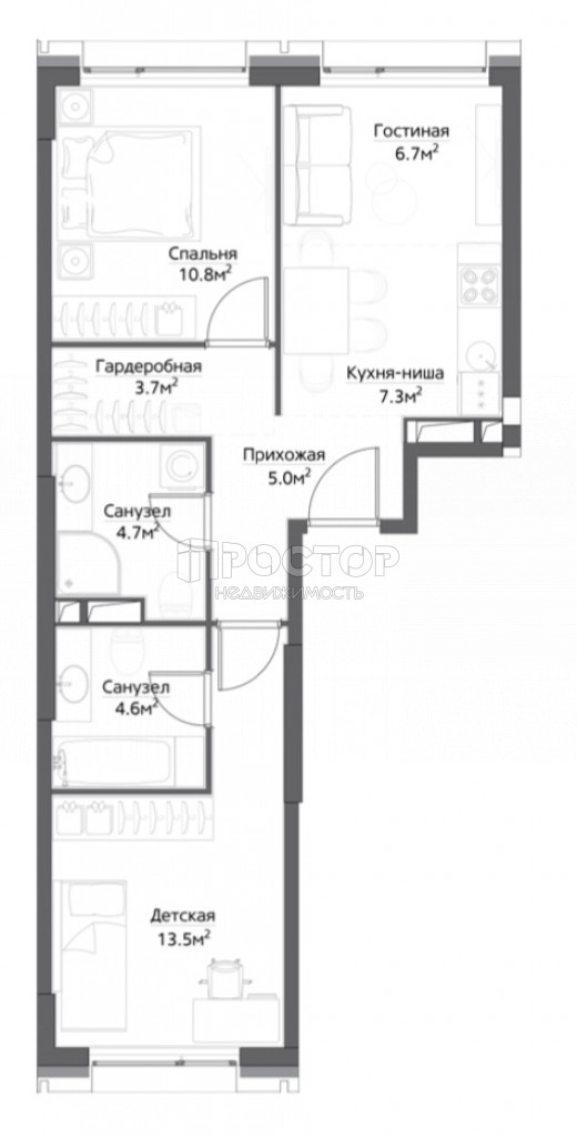 2-комнатная квартира, 56.3 м² - фото 2