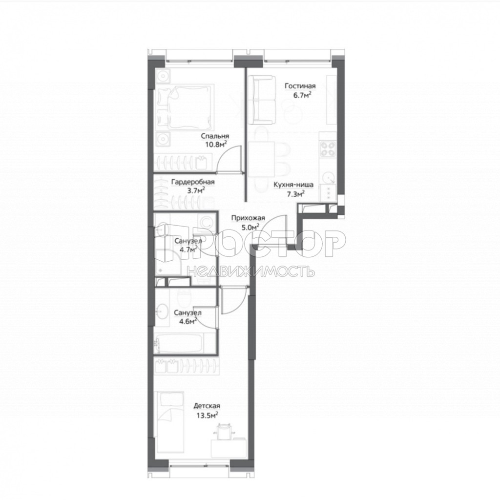 2-комнатная квартира, 56.3 м² - фото 2