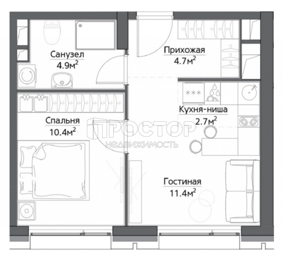 1-комнатная квартира, 34.1 м² - фото 2