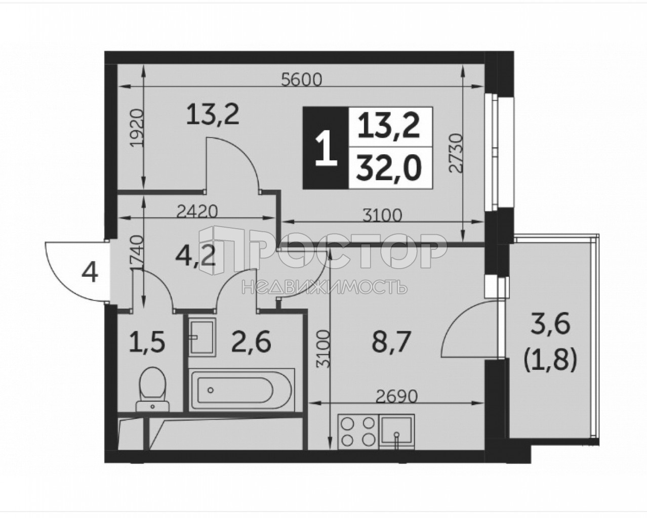 1-комнатная квартира, 32 м² - фото 2