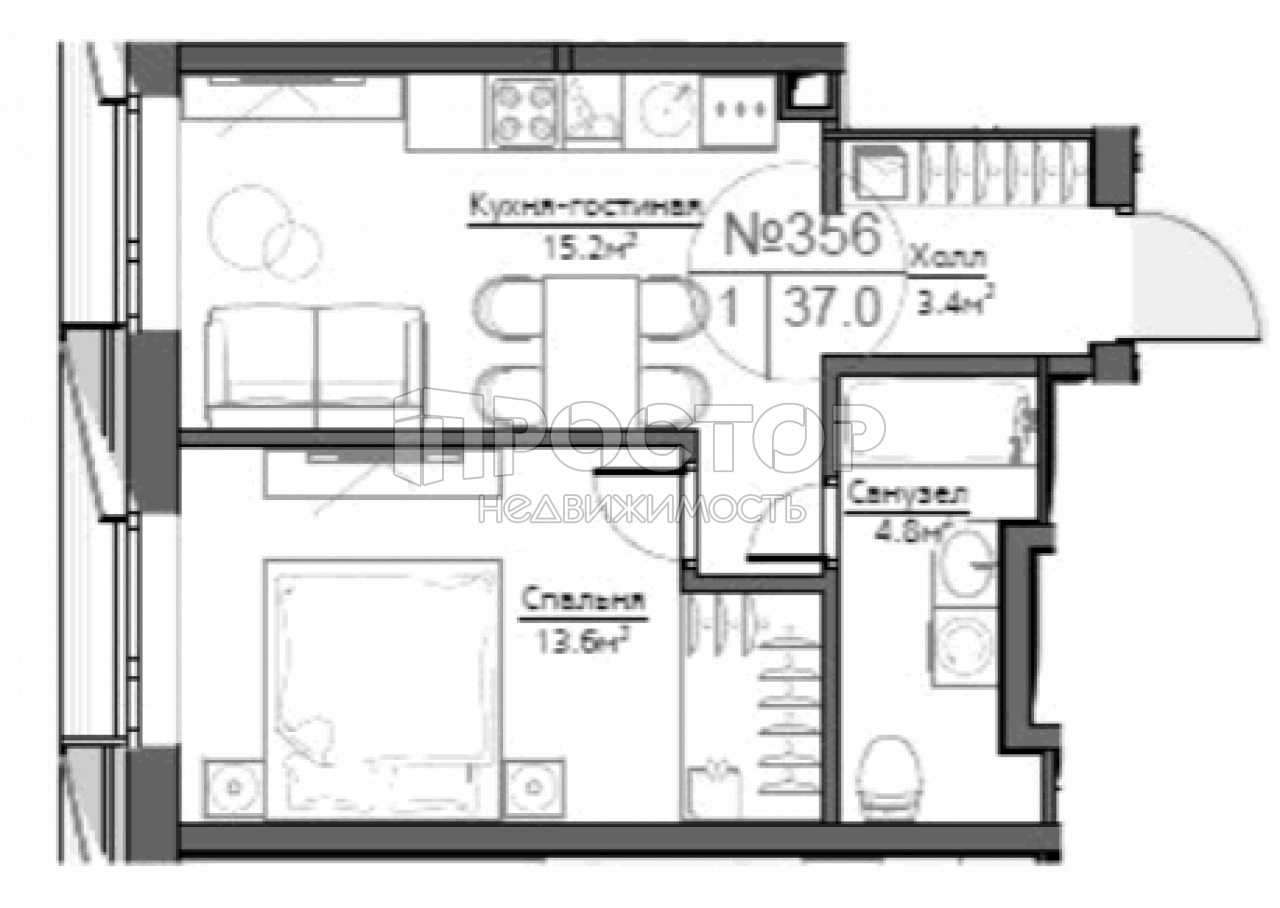 2-комнатная квартира, 37 м² - фото 8