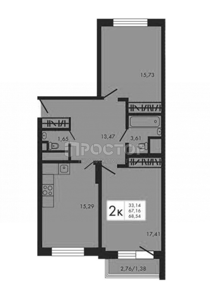2-комнатная квартира, 68.54 м² - фото 2