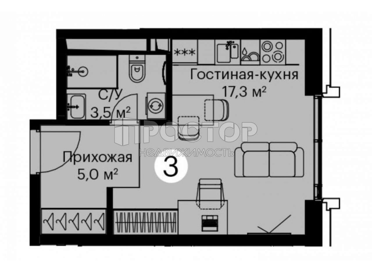 Студия, 25.8 м² - фото 2