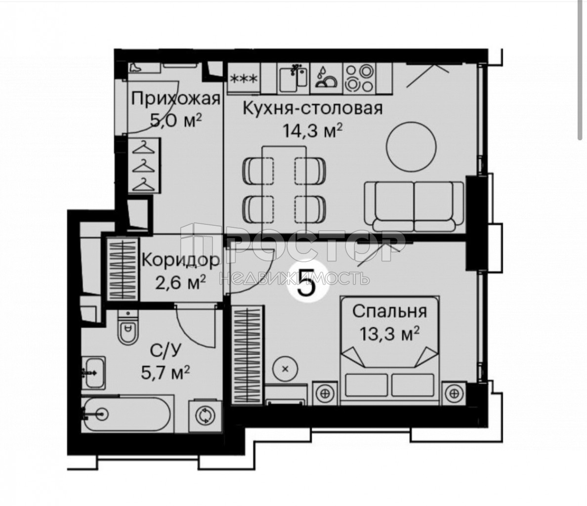 1-комнатная квартира, 40.9 м² - фото 2