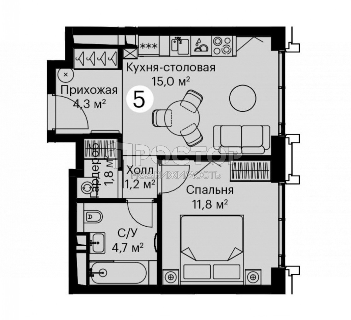 2-комнатная квартира, 38.8 м² - фото 2