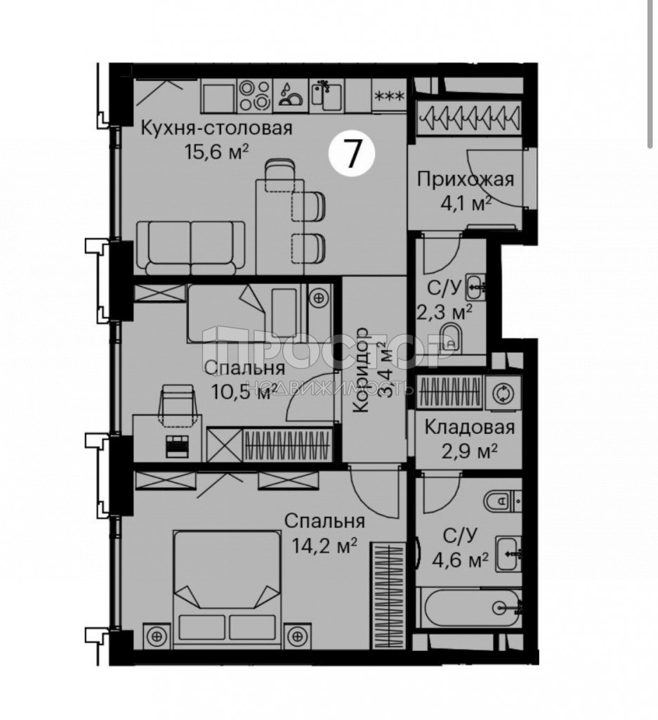 3-комнатная квартира, 57.6 м² - фото 2