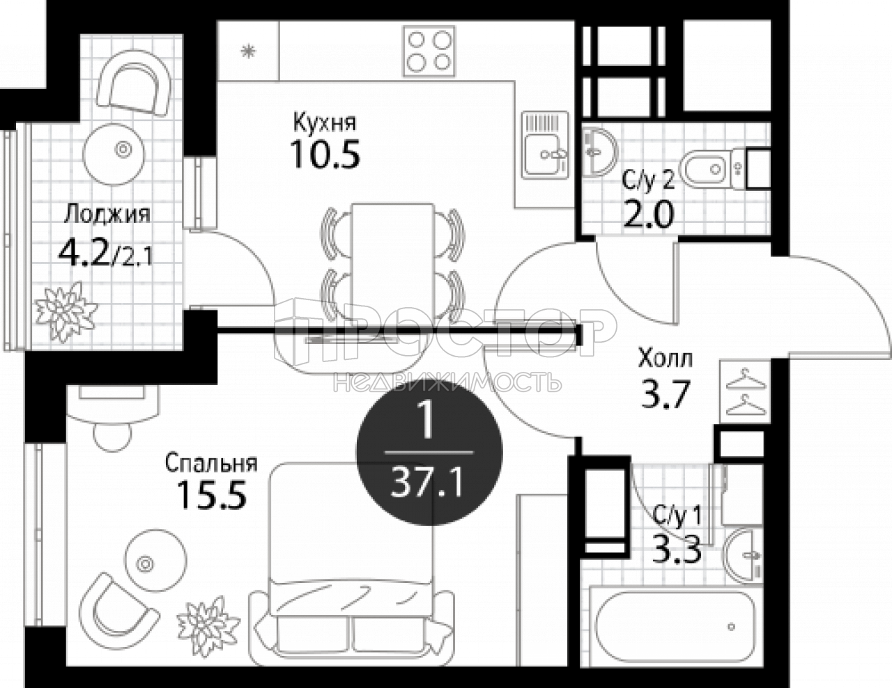 1-комнатная квартира, 37.1 м² - фото 2