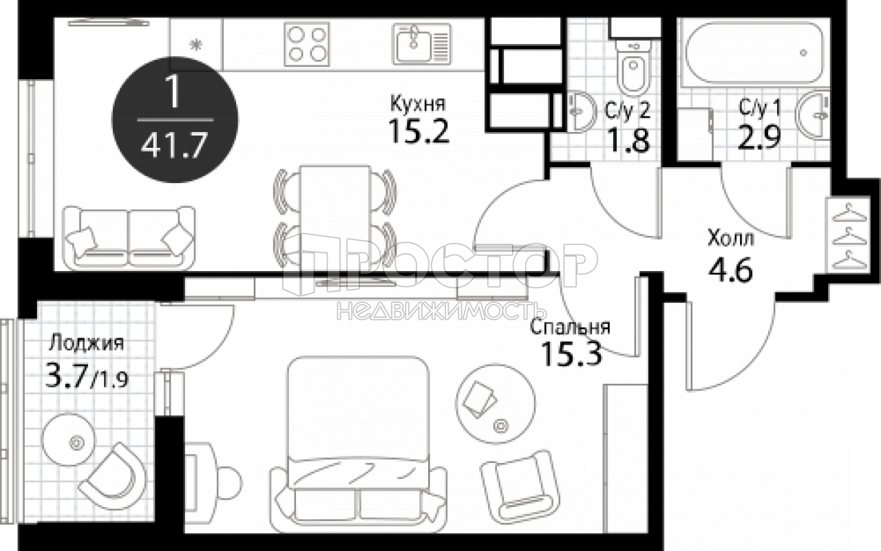 1-комнатная квартира, 41.7 м² - фото 3