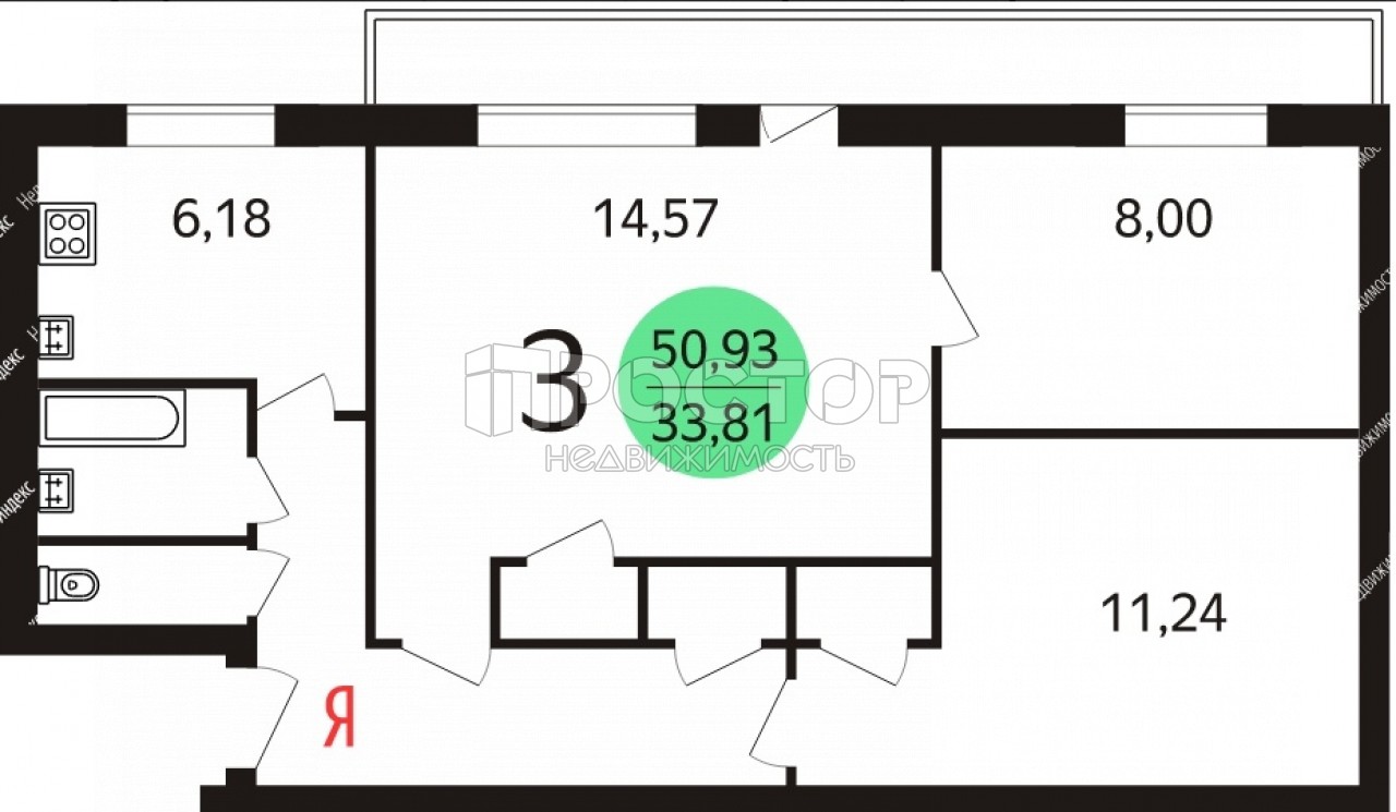 3-комнатная квартира, 50.93 м² - фото 3