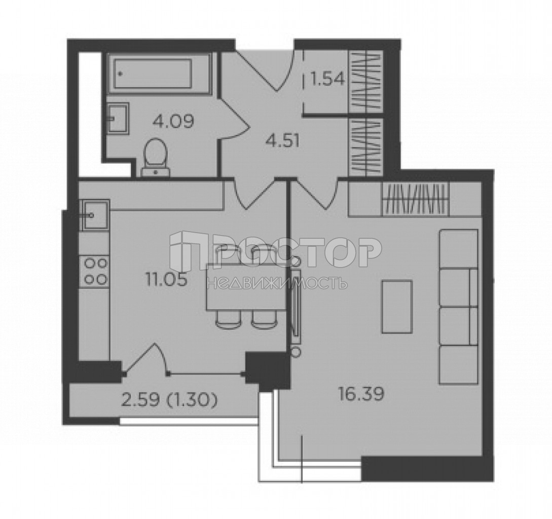 1-комнатная квартира, 38.88 м² - фото 7