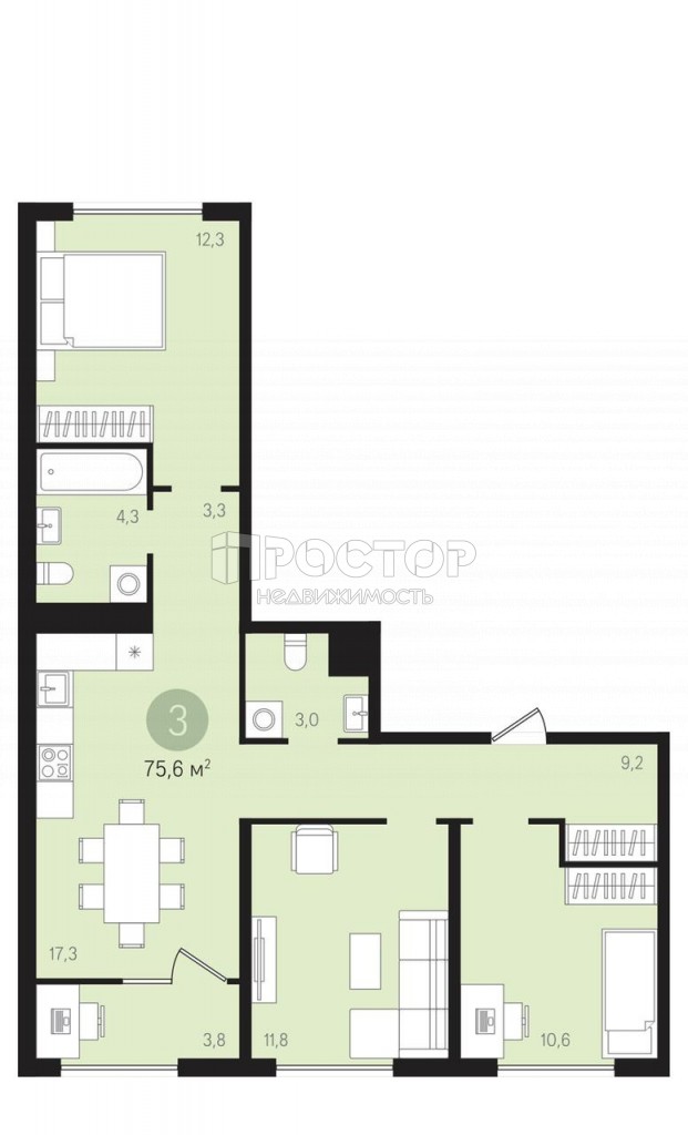 3-комнатная квартира, 75.6 м² - фото 3