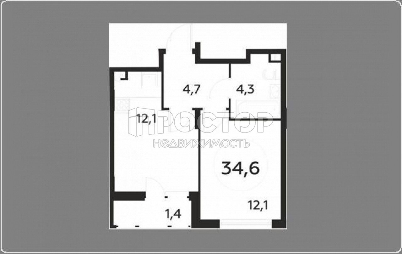 1-комнатная квартира, 34.6 м² - фото 2