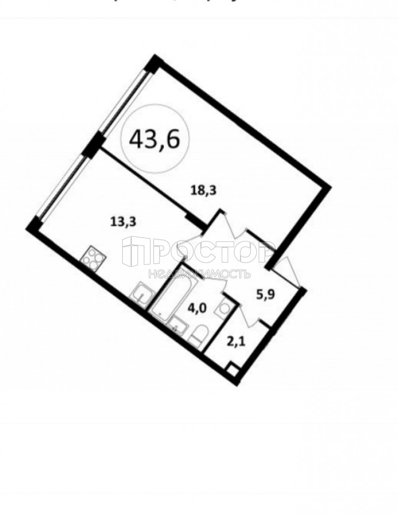 1-комнатная квартира, 43.6 м² - фото 2