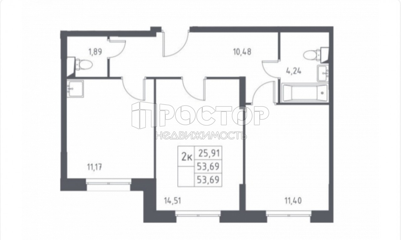 2-комнатная квартира, 53.69 м² - фото 2
