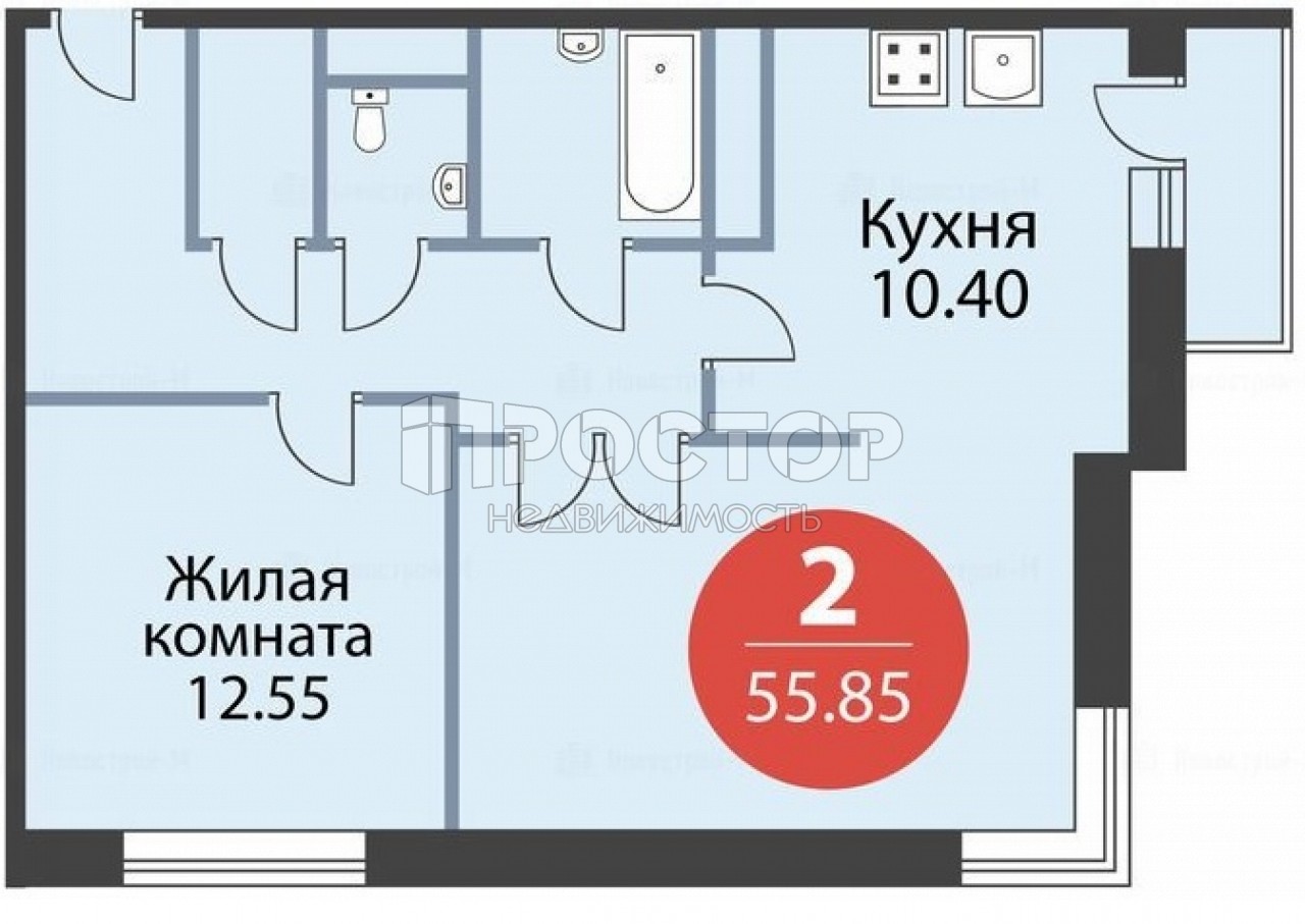 2-комнатная квартира, 55.85 м² - фото 10