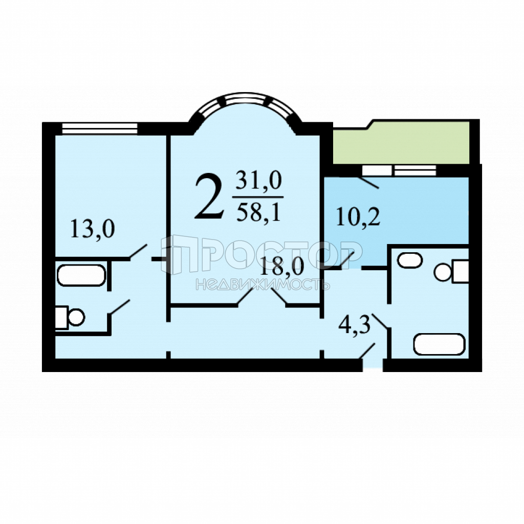 2-комнатная квартира, 55.7 м² - фото 2