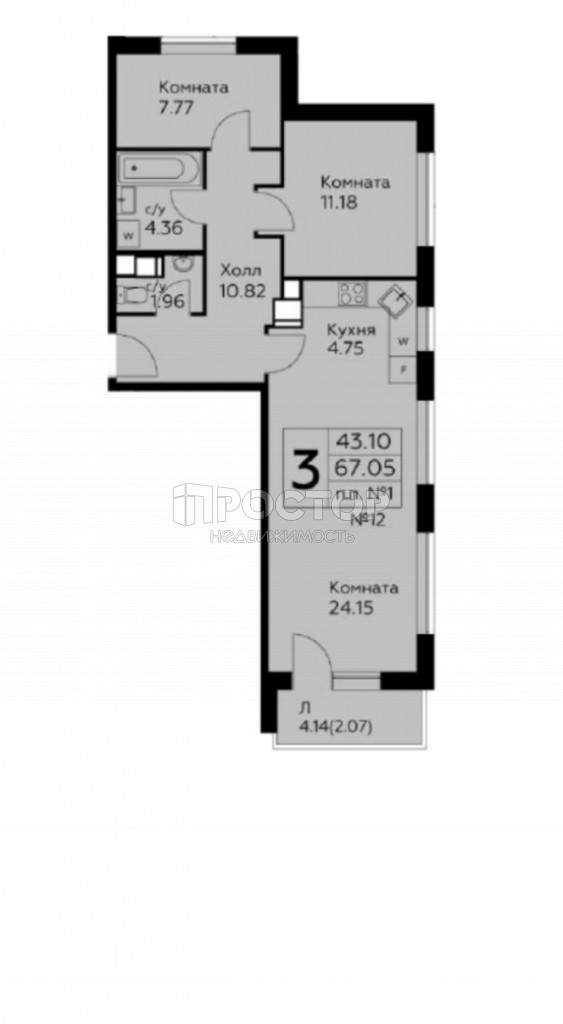 2-комнатная квартира, 67.05 м² - фото 4