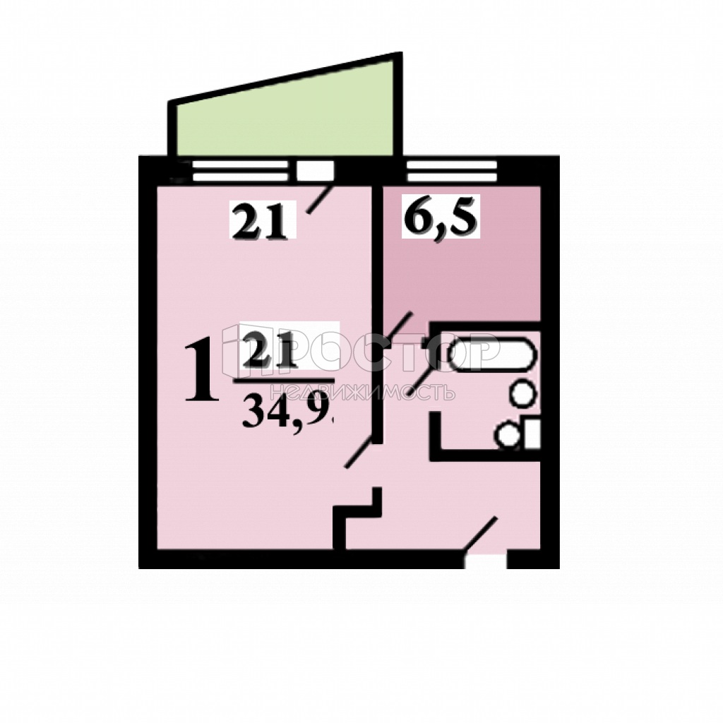 1-комнатная квартира, 34.9 м² - фото 9