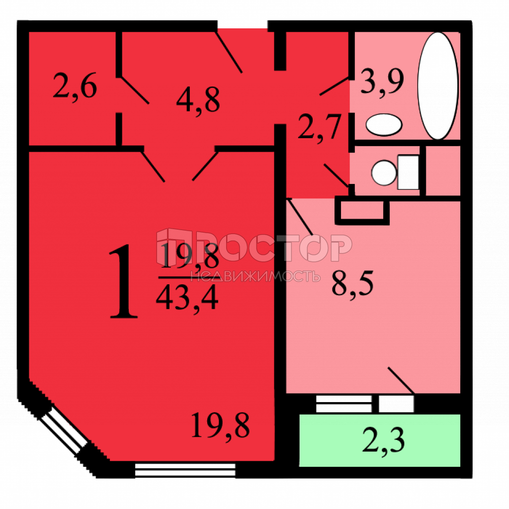 1-комнатная квартира, 42.5 м² - фото 2