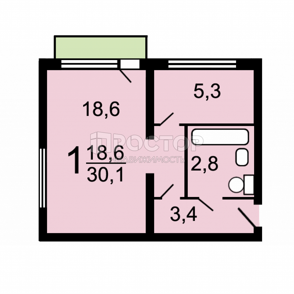 1-комнатная квартира, 30 м² - фото 11