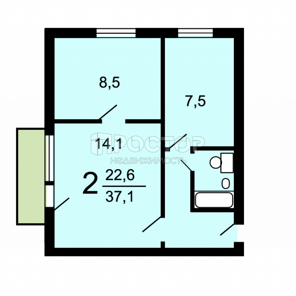 2-комнатная квартира, 38 м² - фото 9