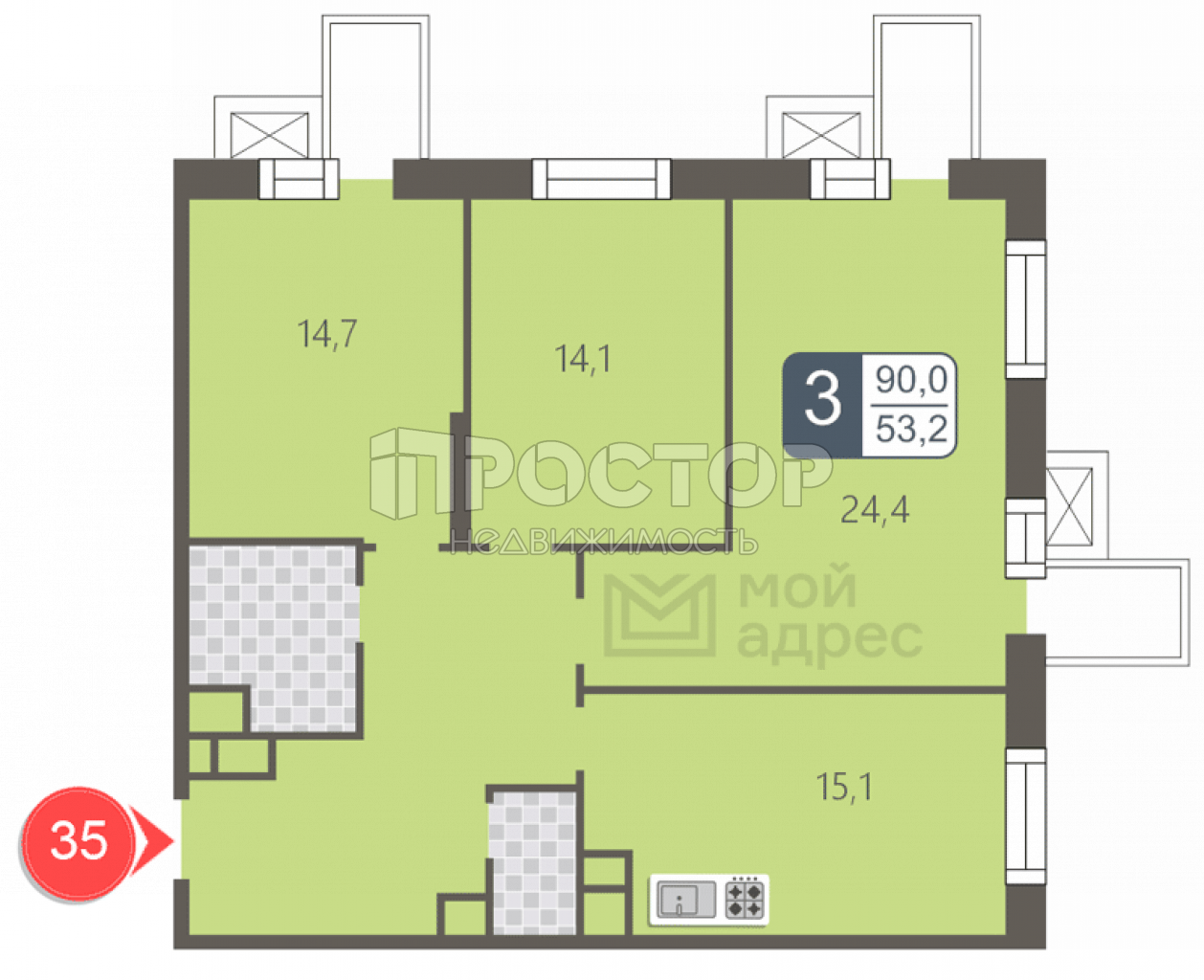 3-комнатная квартира, 90 м² - фото 2