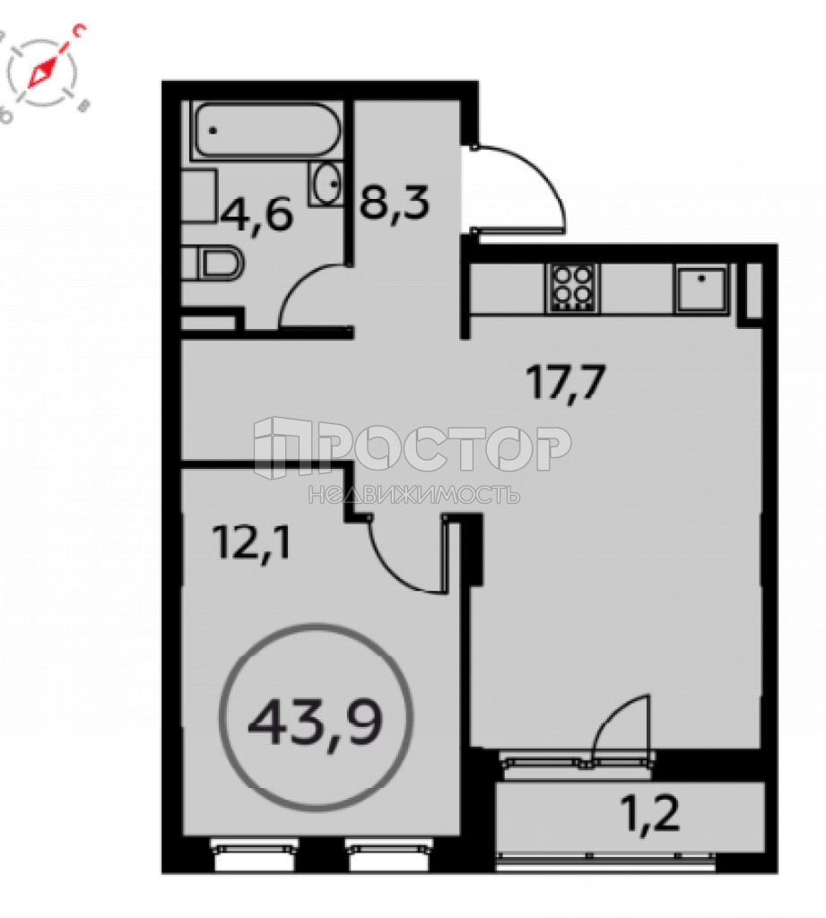 2-комнатная квартира, 43.9 м² - фото 2