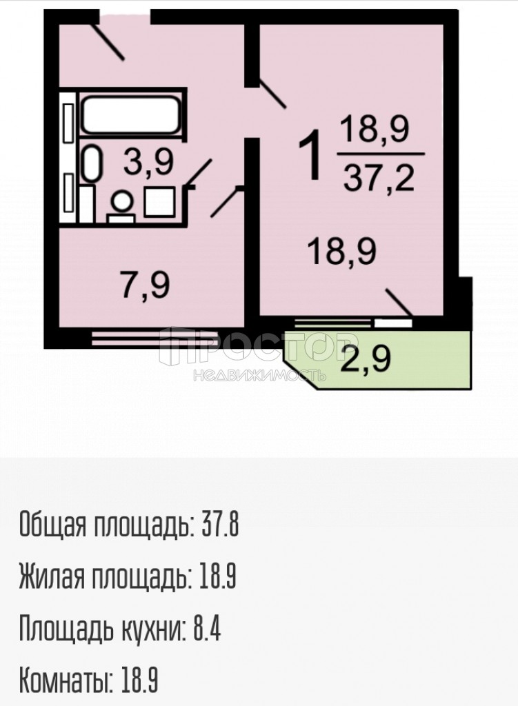 1-комнатная квартира, 38 м² - фото 14