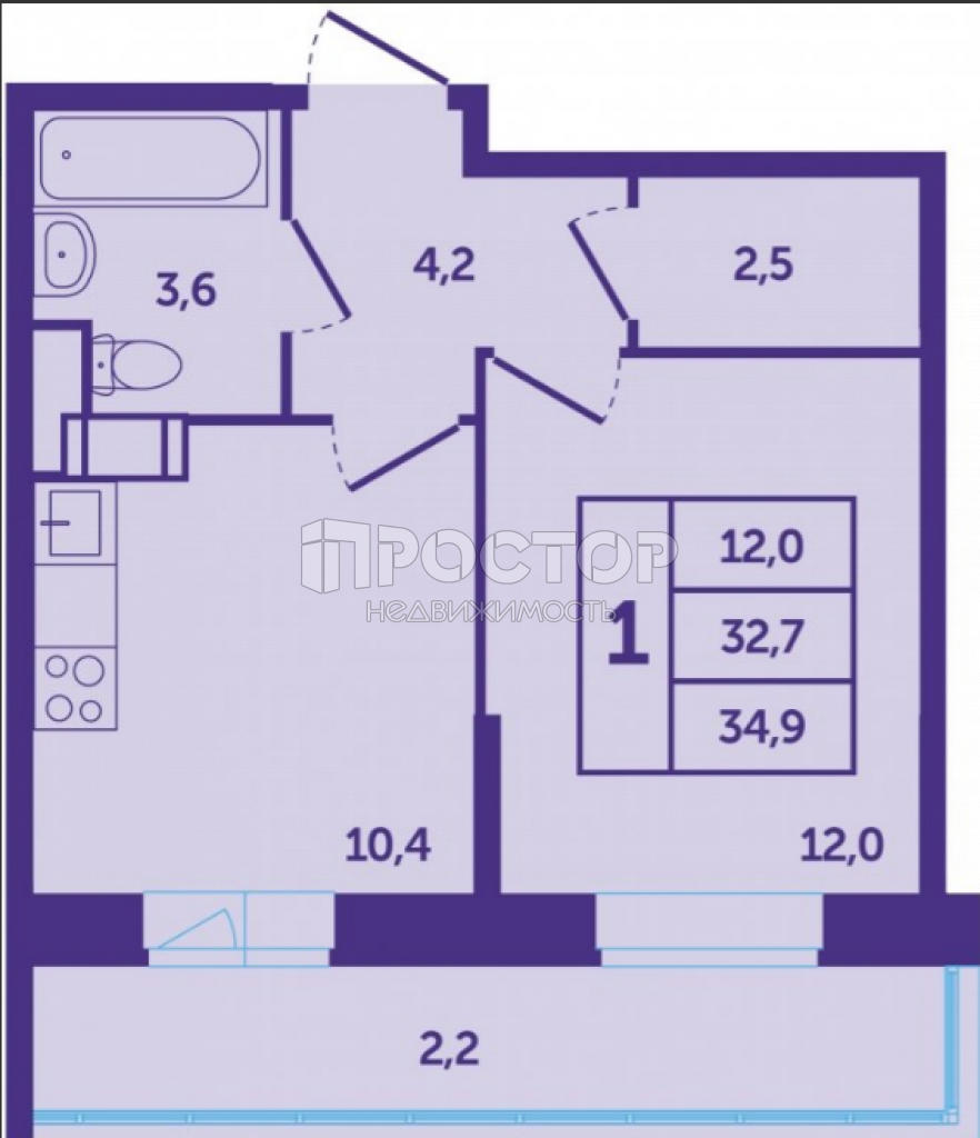 1-комнатная квартира, 34.3 м² - фото 10