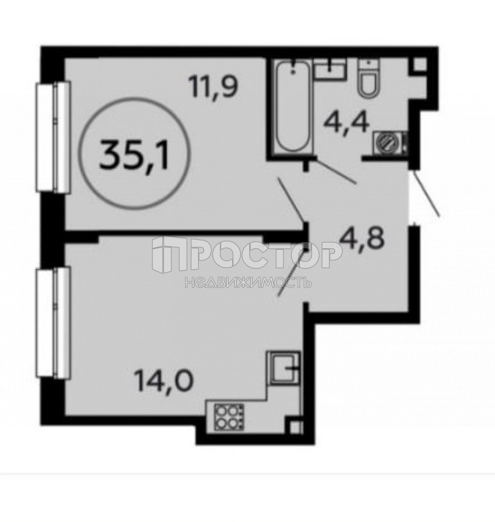 1-комнатная квартира, 35.1 м² - фото 2