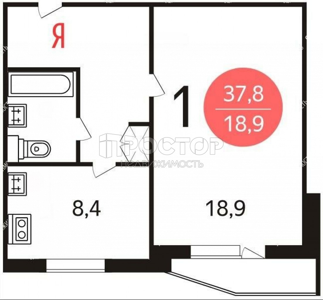 1-комнатная квартира, 37.7 м² - фото 30