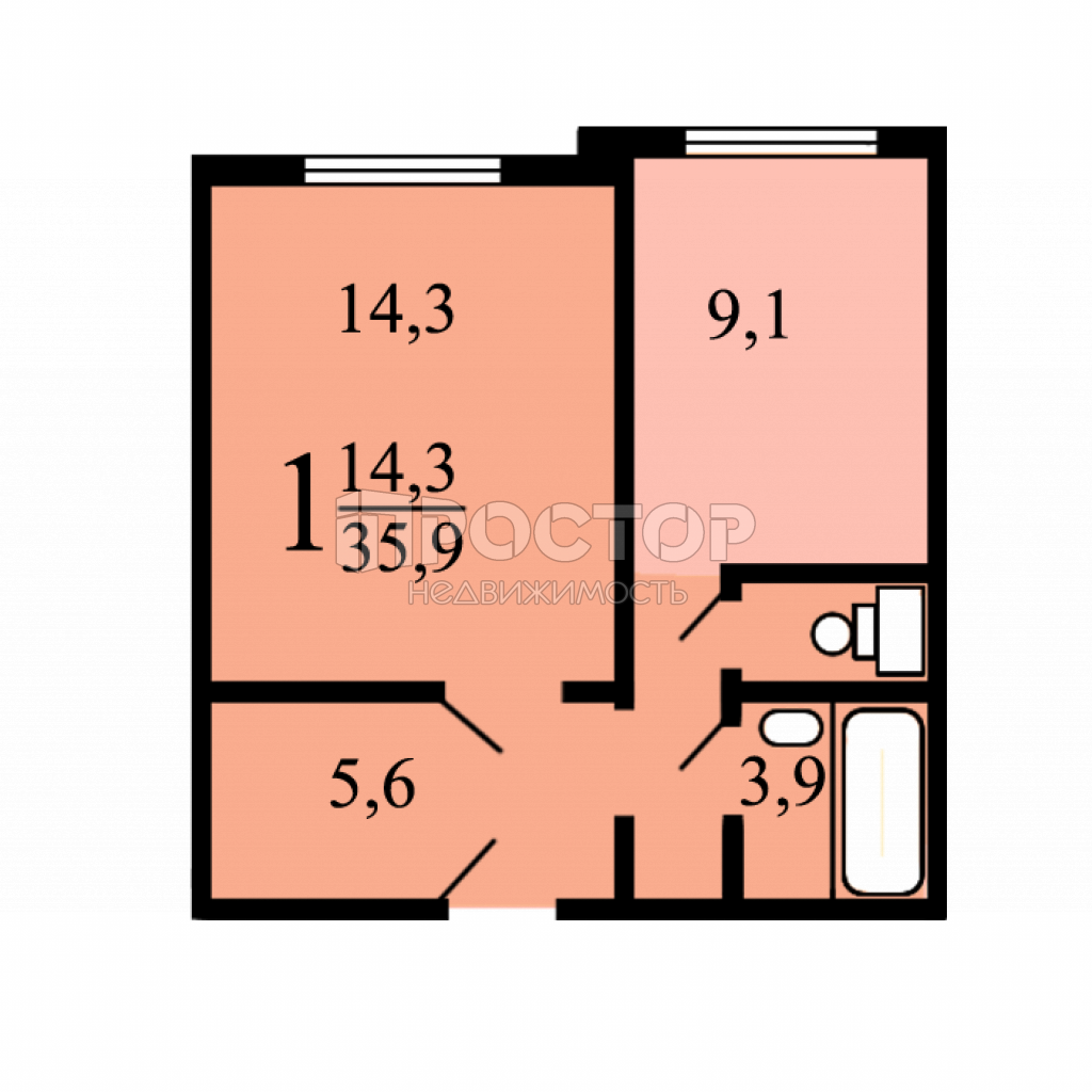 1-комнатная квартира, 35.7 м² - фото 18