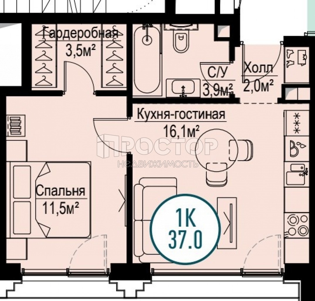 2-комнатная квартира, 37 м² - фото 6