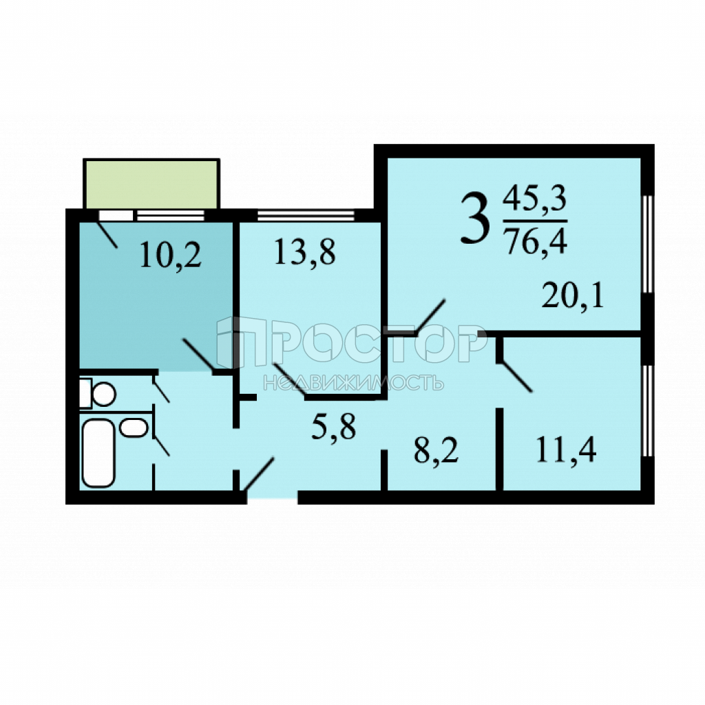 3-комнатная квартира, 77.2 м² - фото 6