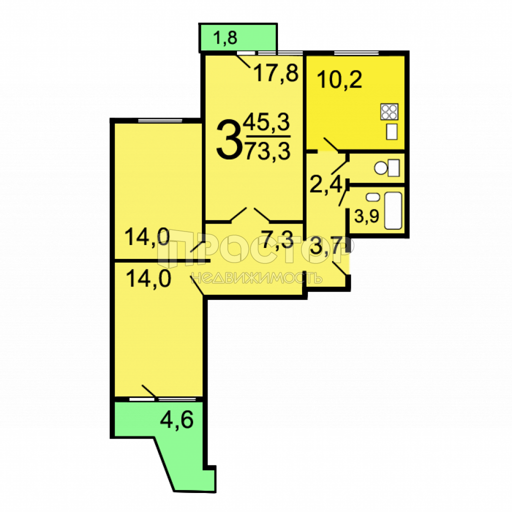 3-комнатная квартира, 73.3 м² - фото 4