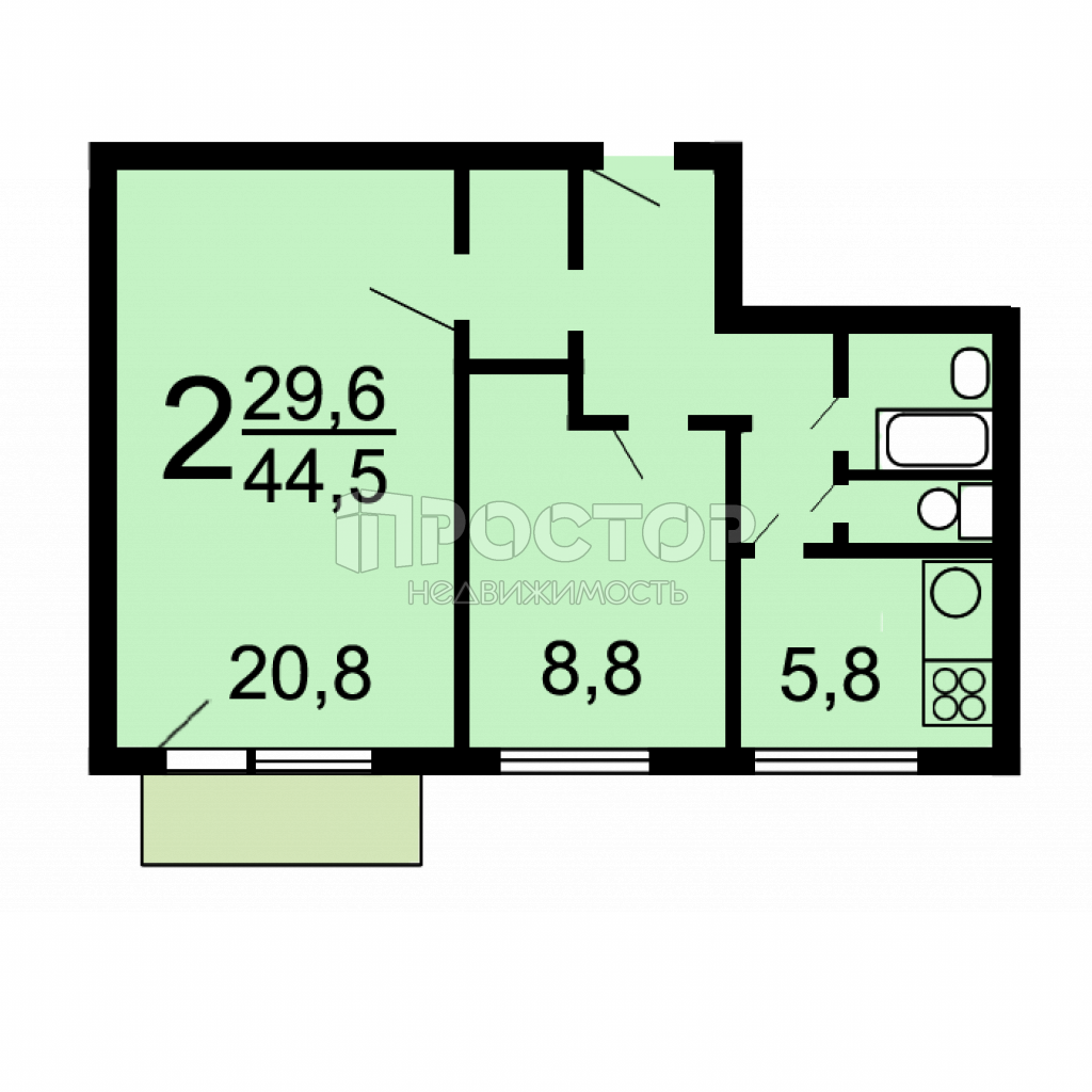 2-комнатная квартира, 45.6 м² - фото 19