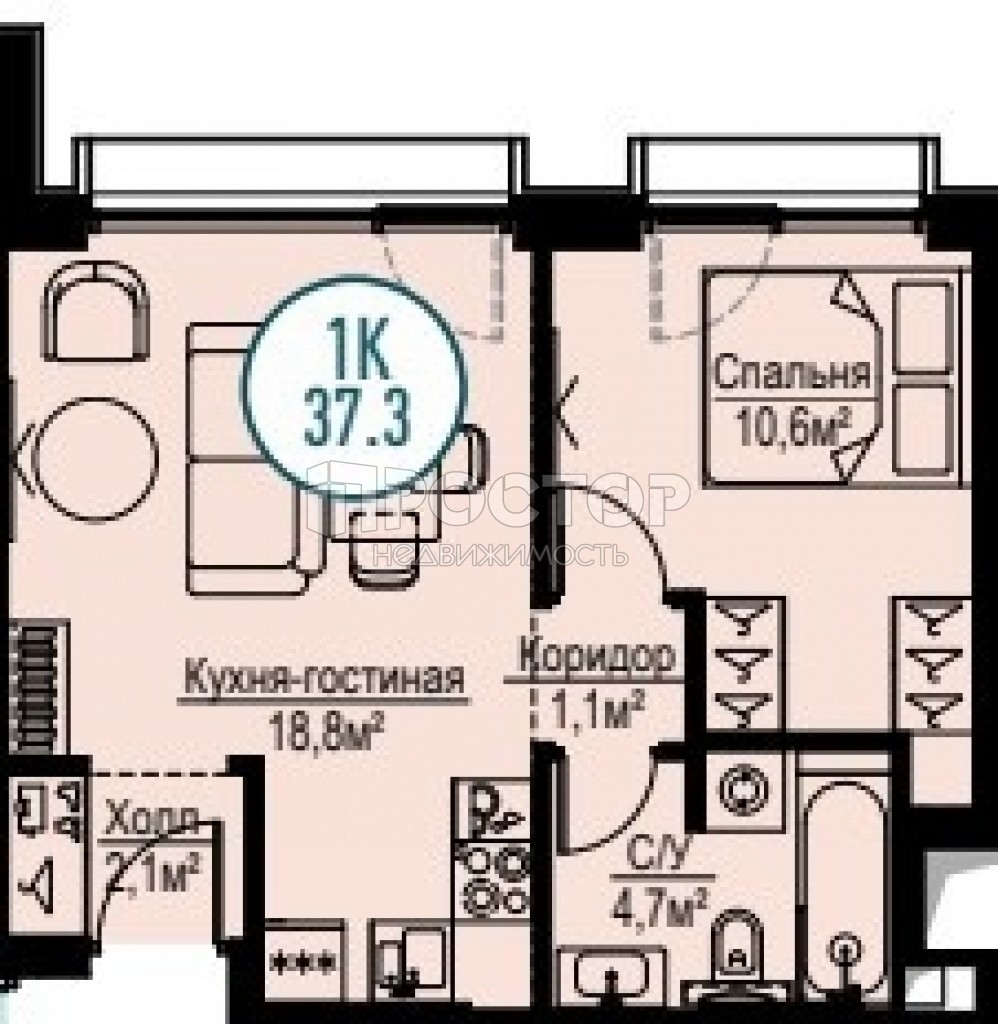 2-комнатная квартира, 37.3 м² - фото 5