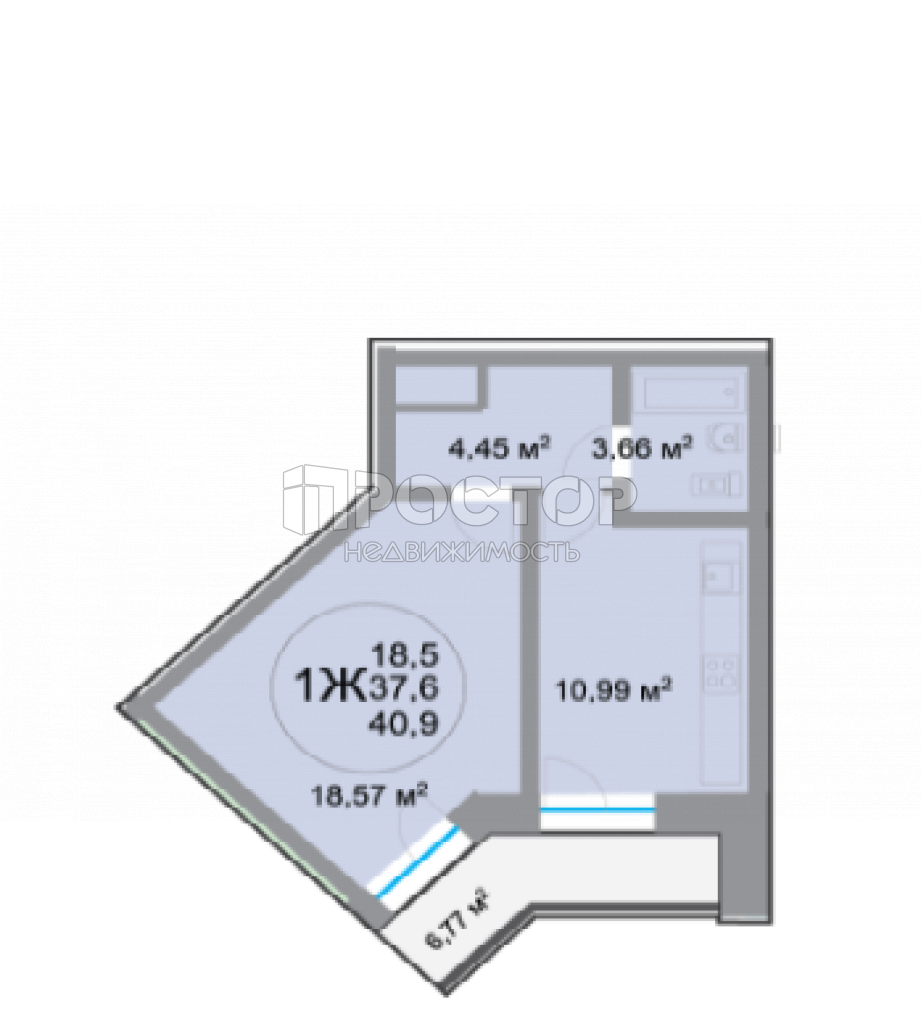 1-комнатная квартира, 41.1 м² - фото 2